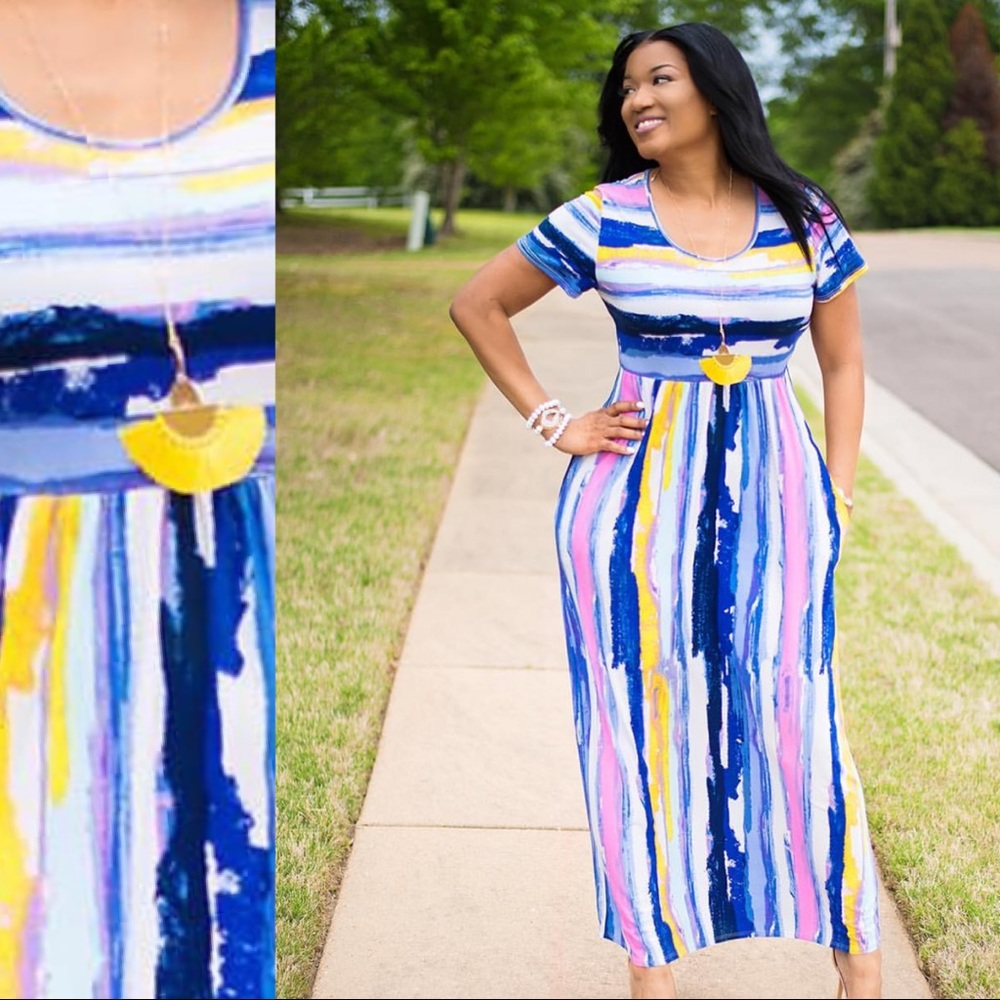 Pink/ Lavender/Yellow Watercolor Stripe Maxi Dress